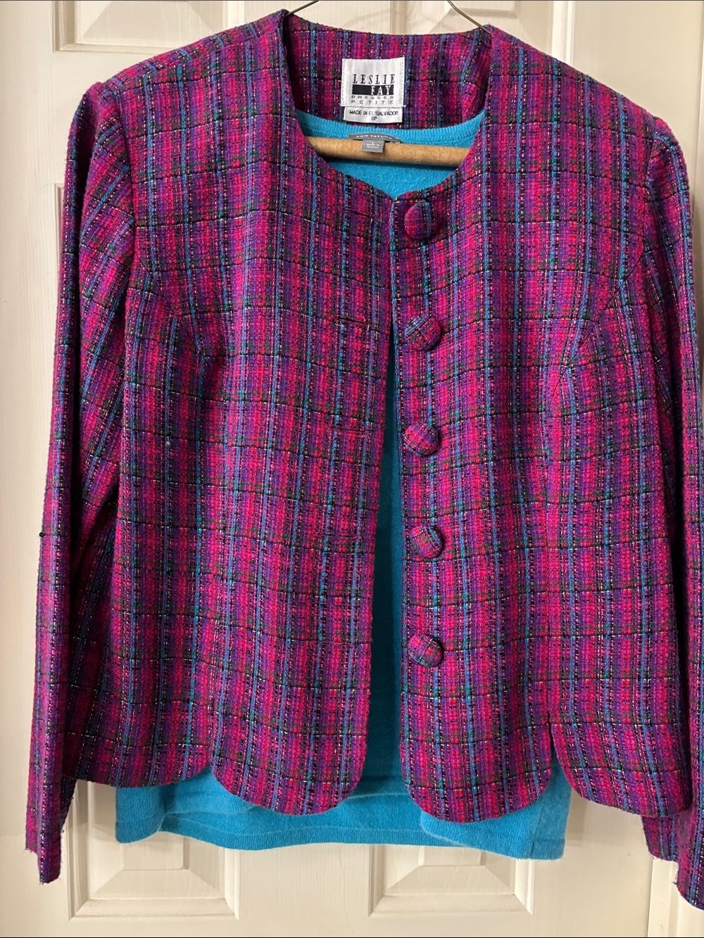 Leslie Fay Fuchsia Plaid Collarless Jacket with Teal Accents